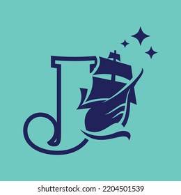 Letter J for sailing boat logo template