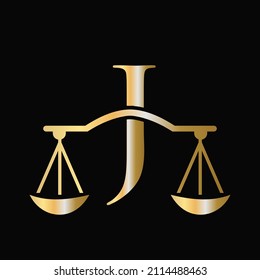 Letter J Scale Attorney Law Logo Design. Initial Pillar, Law firm, Attorney Sign Design On Letter J Concept Template