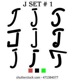 Letter J. Set of stylized letters of the English alphabet. Black font isolated on white background. For the logo, print, web design icons.