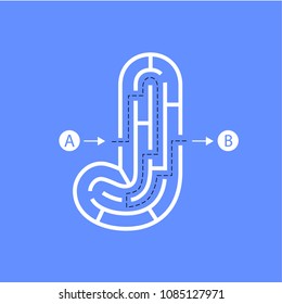 Letter J shape Maze Labyrinth, maze with one way to entrance and one way to exit. Flat design, vector illustration.