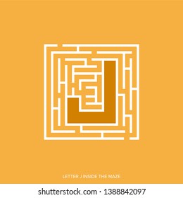 Letter J shape Maze Labyrinth, maze with one way to entrance and one way to exit. Flat design, vector illustration.