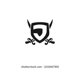 Logo Del Escudo De La Letra J Con Dos Espadas Cruzadas. Ilustración vectorial creativa de energía, lealtad y seguridad.