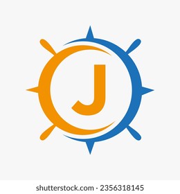 Letter J Ship Logo Concept With Ship Wheel Sign Vector Template