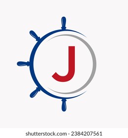 Concepto de logotipo de envío de carta J con plantilla de vectores de símbolo de rueda de barco