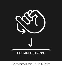 Letter J sign in ASL pixel perfect white linear icon for dark theme. System of nonverbal communication. Thin line illustration. Isolated symbol for night mode. Editable stroke. Arial font used