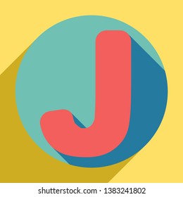 Letter J sign design template element. Sunset orange icon with llapis lazuli shadow inside medium aquamarine circle with different goldenrod shadow at royal yellow background.
