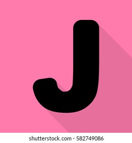 Letter J sign design template element. Black icon with flat style shadow path on pink background.