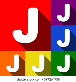 Letter J sign design template element. Vector. Set of icons with flat shadows at red, orange, yellow, green, blue and violet background.