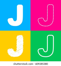 Letter J sign design template element. Four styles of icon on four color squares.