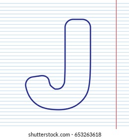 Letter J sign design template element. Vector. Navy line icon on notebook paper as background with red line for field.