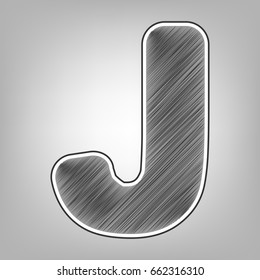Letter J sign design template element. Vector. Pencil sketch imitation. Dark gray scribble icon with dark gray outer contour at gray background.