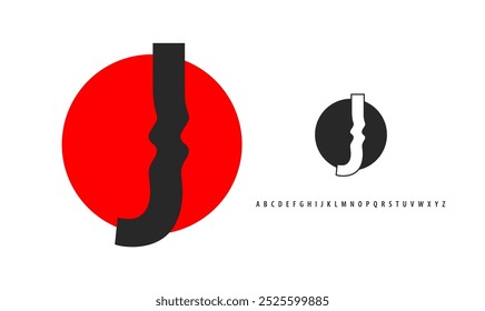 Letter J silhouette on red sun, twisting alphabet. Japanese logo for sushi roll restaurant logo, asian cultural event logotype. Vector logo and typeset