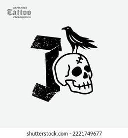 The letter J with a skull head on it has a black crow, black and white style