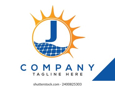Letter J with solar panel and sun sign Logo Design Vector Template.