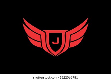 Letter J Sports Logo Vector With Shield and Wings.
