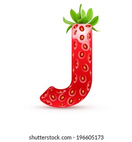 Letter J in strawberry style with green leaves