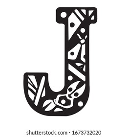 Letter J. Stylized: beetle, moth, patterns inside the letter. Black and white vector illustration. Separate on a white background.