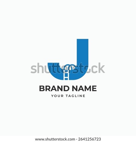 Letter J with swimming pool ladder logo design. J monogram minimal ladder symbol logo icon