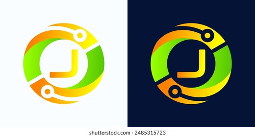 Letter J technology logo with circles and circuit board lines with letter J inside for digital, data, connection in green and orange gradient colors