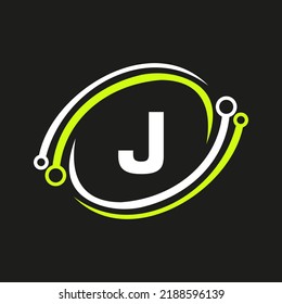 Logo für die Letter J-Technologie in Kombination mit einer Technologie-Kabel-Vektorvorlage
