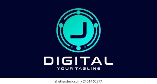 letter J technology logo. Digital font vector design for industry with circuit circles and dots, for digital, technology,data