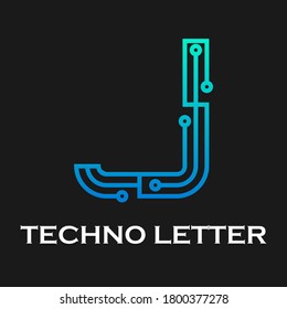 Plantilla de logotipo de la tecnología Letter j. Tecnología de punto ausente y color azul gradiente. adecuado para la industria, web, ordenador, red, aplicación, móvil, medios médicos, eléctricos, energía, etc.