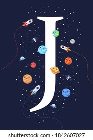 The letter J with the theme of outer space for Children. Letter graphic vector illustration for kids on outer space theme. space kids, letters for children.