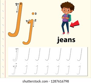 Letter J tracing alphabet worksheets illustration
