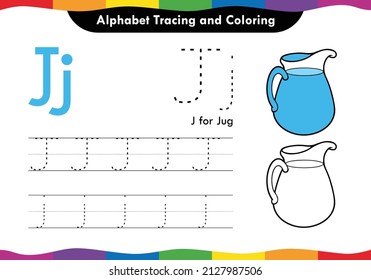 Letter 'J' tracing using kids learn and write alphabet on worksheet page in vector illustration. New style layout of kids worksheet English book and coloring of Jug.