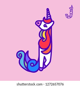 Letter "J" unicorn. Written by unicorns. Letter in the style of the unicorn. Fairytale font. Multicolored mane. Trend print on a T-shirt. Metal pin. Unicorn alphabet.