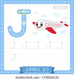 Letter J uppercase cute children colorful transportations ABC alphabet tracing practice worksheet of Jumbo Jet for kids learning English vocabulary and handwriting Vector Illustration.