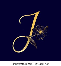 Letter J. Uppercase  with decorative floral elements. Alphabet initials golden sign isolated on dark blue background. Elegant, luxury, wedding, boutique style.