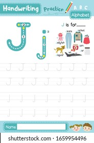 Letter J uppercase and lowercase cute children colorful ABC alphabet trace practice worksheet for kids learning English vocabulary and handwriting layout in A4 vector illustration.