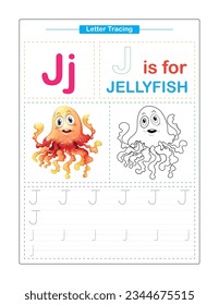 Letter J.  Uppercase and Lowercase. Cute children. Colorful ABC alphabet tracing. Practice worksheet for kids. Learning English vocabulary and handwriting. Letter Trace. Vector illustration