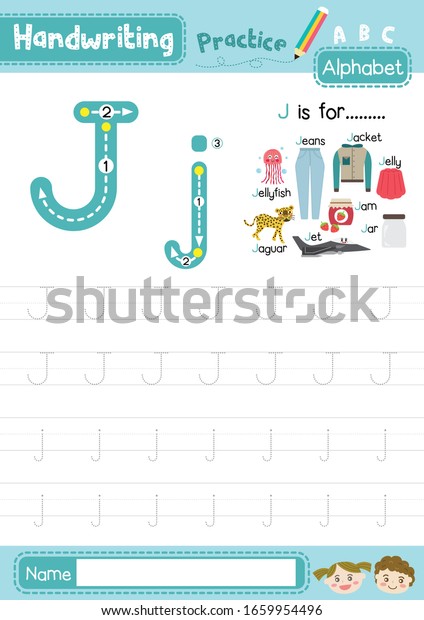 ベクターイラストで英語の単語や手書きのレイアウトを学ぶ子供用の 文字jの大文字と小文字のかわいい子のカラフルなabcアルファベットのトレース練習ワークシート のベクター画像素材 ロイヤリティフリー