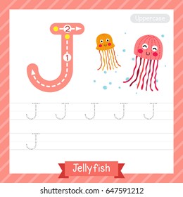 Letter J uppercase tracing practice worksheet with jellyfish for kids learning to write. Vector Illustration.