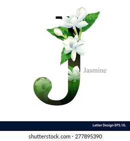 Letter J  Vector Alphabet With Jasmine Flower. ABC Concept Type As Logo. Typography Design