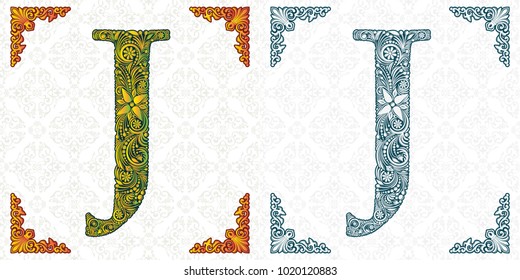 Letter J. Vector. Decorative alphabet on white background. Isolated fine print. Monogram. Spring leaf ornament. Handmade. Template for wedding invitations, booklets, posters, printed products.