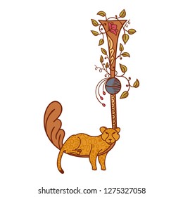 Letter J. Vector letter engraving style with flower and animal. Colorful hand drawn vintage illustration