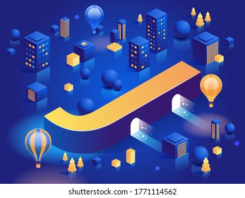Letter J. Vector isometric abstract font with icons, buildings, colour boxes, trees, balloons. 3d letter for design concept.