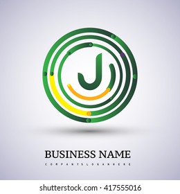 Letter J vector logo symbol in the circle thin line colored green and yellow. Design for your business or company identity.