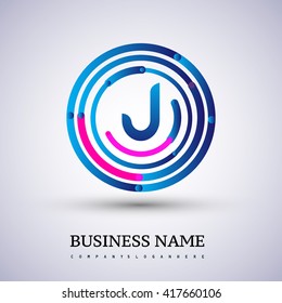 Letter J vector logo symbol in the circle thin line colored blue and red. Design for your business or company identity.