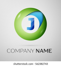 Letter J vector logo symbol in the colorful circle on grey background. Vector template for your design