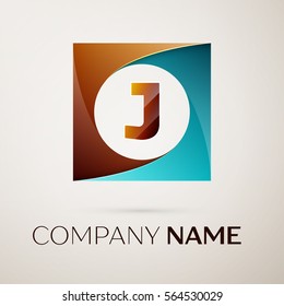 Letter J vector logo symbol in the colorful square on grey background. Vector template for your design
