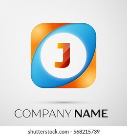Letter J vector logo symbol in the colorful square on grey background. Vector template for your design