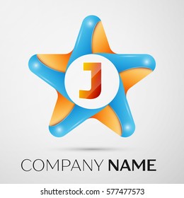 Letter J vector logo symbol in the colorful star on grey background. Vector template for your design