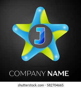 Letter J vector logo symbol in the colorful star on black background. Vector template for your design