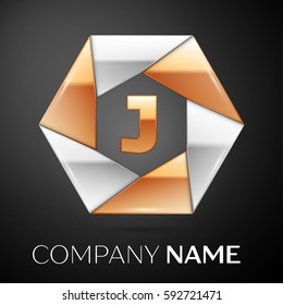 Letter J vector logo symbol in the colorful hexagon on black background. Vector template for your design