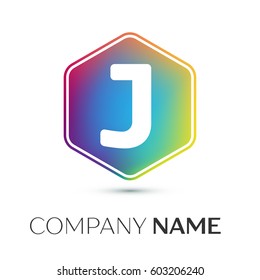 Letter J vector logo symbol in the colorful hexagonal on grey background. Vector template for your design