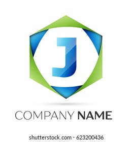 Letter J vector logo symbol in the colorful hexagonal on grey background. Vector template for your design